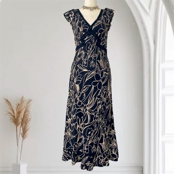 INC Romantic Goth Black Cream Floral Silk Midi Maxi Lace Trimmed Slip Dress 2 XS - Picture 1 of 8